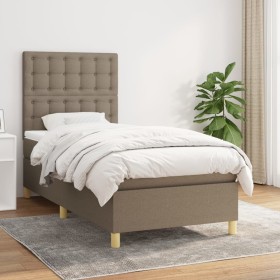 Cama box spring con colchón tela gris taupe 90x200 cm
