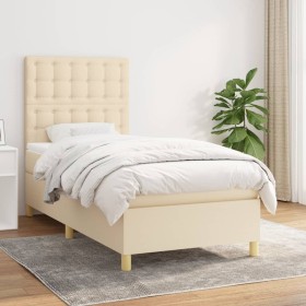 Cama box spring con colchón tela color crema 90x190 cm