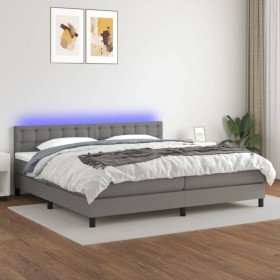 Cama box spring colchón y luces LED tela gris claro 200x200 cm