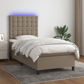 Cama box spring colchón y luces LED tela gris taupe 90x190 cm