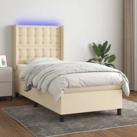 Box spring bed mattress and LED lights cream fabric 90x190 cm by , Beds and slatted bases - Ref: Foro24-3138602, Price: 359,7...