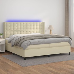 Cama box spring colchón y LED cuero sintético crema 200x200 cm