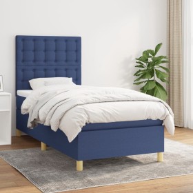 Cama box spring con colchón tela azul 90x190 cm