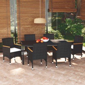 Set de comedor de jardín 7 pzas y cojines ratán sintético negro Set de comedor de jardín 7 pzas y cojines ratán sintético negro
