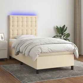 Box spring bed mattress and LED lights cream fabric 90x200 cm by , Beds and slatted bases - Ref: Foro24-3135170, Price: 332,3...