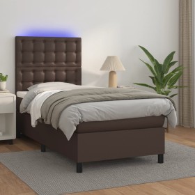 Cama box spring y colchón LED cuero sintético marr