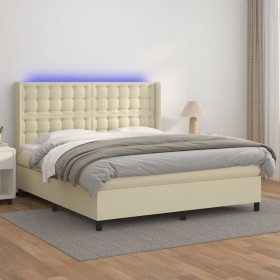 Cama box spring colchón y LED cuero sintético crema 180x200 cm