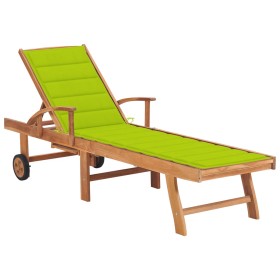 Tumbona con cojín verde chillón madera maciza de teca