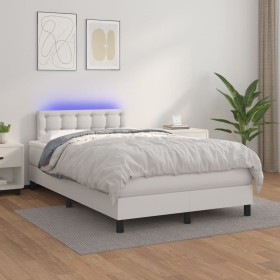 Cama box spring colchón y LED cuero sintético blanco 120x200 cm