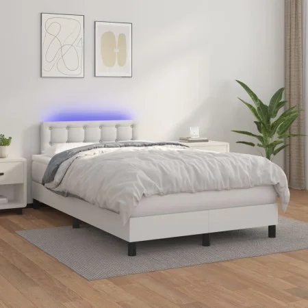 Box spring bed with mattress and LED white synthetic leather 120x200 cm by , Beds and slatted bases - Ref: Foro24-3134214, Pr...