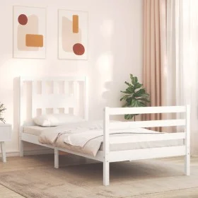 White solid wood bed frame with headboard by , Beds and slatted bases - Ref: Foro24-3194537, Price: 100,79 €, Discount: %