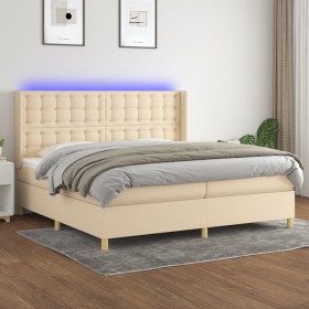 Cama box spring colchón y luces LED tela crema 200x200 cm