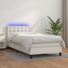 Cama box spring colchón y LED cuero sintético blanco 100x200 cm