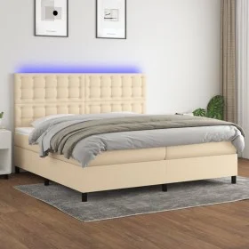 Box spring bed mattress and LED lights cream fabric 200x200 cm by , Beds and slatted bases - Ref: Foro24-3135226, Price: 637,...