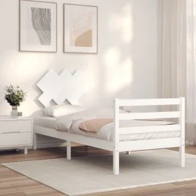 White solid wood bed frame with headboard by , Beds and slatted bases - Ref: Foro24-3195252, Price: 96,45 €, Discount: %