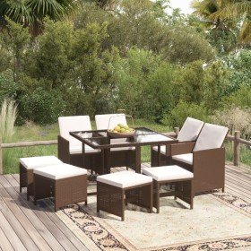 Set de comedor jardín 9 pzas y cojines ratán sintético marrón Set de comedor jardín 9 pzas y cojines ratán sintético marrón