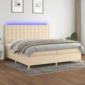 Box spring bed mattress and LED lights cream fabric 200x200 cm by , Beds and slatted bases - Ref: Foro24-3135786, Price: 630,...