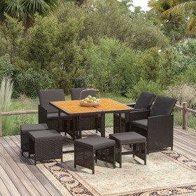 Set de comedor de jardín 9 pzas y cojines ratán sintético negro en Conjuntos de jardín | Comprar online en Foro24