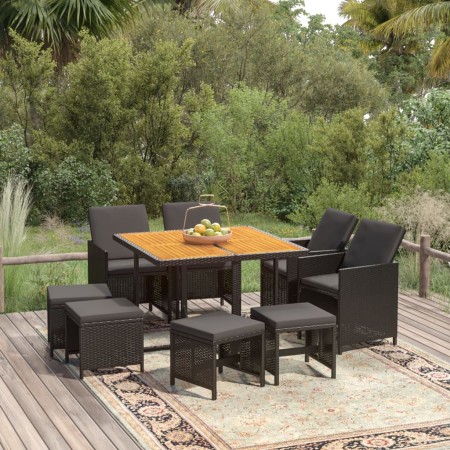 Set de comedor de jardín 9 pzas y cojines ratán sintético negro