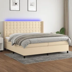 Box spring bed mattress and LED lights cream fabric 200x200 cm by , Beds and slatted bases - Ref: Foro24-3138666, Price: 654,...