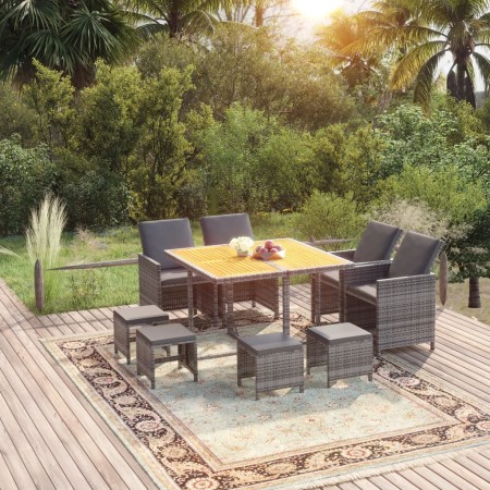 Set comedor jardín 9 pzas y cojines ratán sintético gris