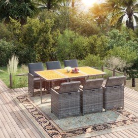 Set comedor jardín 7 pzas y cojines ratán sintético gris