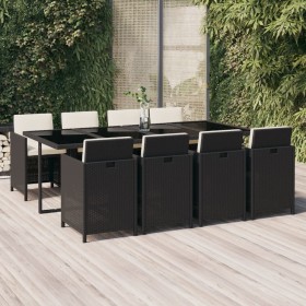 Set de comedor de jardín 9 pzas y cojines ratán sintético negro