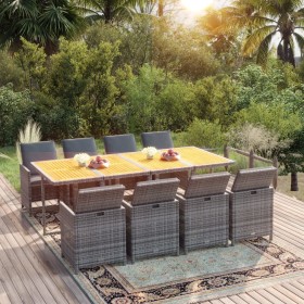 Set comedor jardín 9 pzas y cojines ratán sintético gris