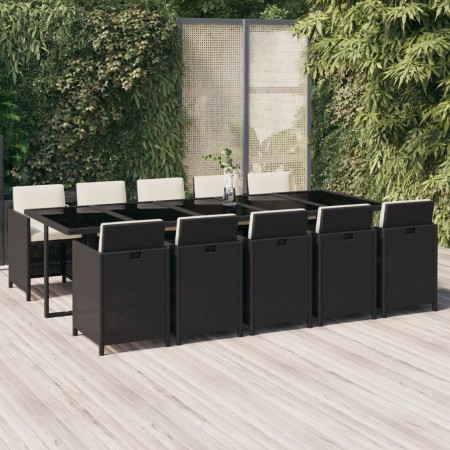 Set de comedor jardín 11 pzas con cojines ratán sintético negro