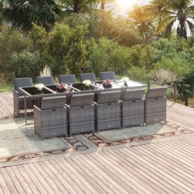 Set comedor jardín 11 pzas con cojines ratán sintético gris