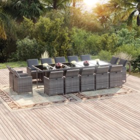 Set comedor jardín 15 pzas y cojines ratán sintético gris