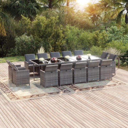 Set comedor jardín 15 pzas y cojines ratán sintético gris
