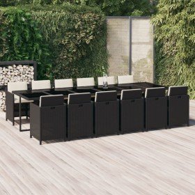 Set comedor de jardín 13 pzas con cojines ratán sintético negro