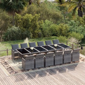 Set comedor jardín 13 pzas con cojines ratán sintético gris