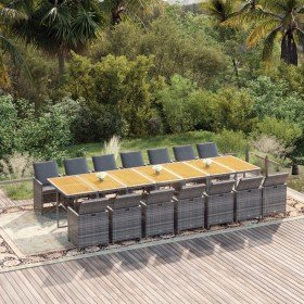 Set comedor de jardín con cojines 15 pzas ratán sintético gris