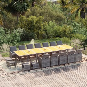 Set de comedor jardín 19 pzas con cojines ratán sintético gris
