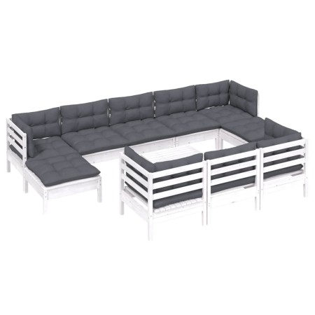 Muebles de jardín 11 pzas cojines blanco madera maciza de pino