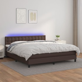 Cama box spring colchón y LED cuero sintético marrón 160x200 cm