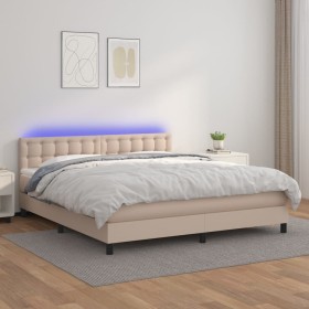 Cama box spring colchón LED cuero sintético capuchino 160x200cm