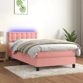 Box spring bed with mattress and LED pink velvet 90x190 cm by , Beds and slatted bases - Ref: Foro24-3134620, Price: 331,69 €...