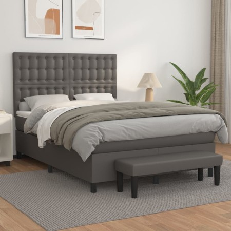 Cama box spring con colchón cuero sintético gris 1