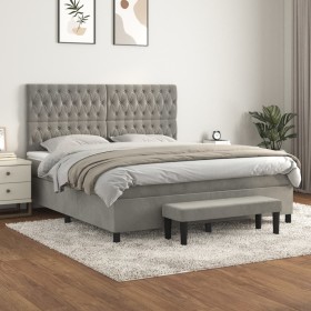 Cama box spring con colchón terciopelo gris claro 180x200 cm