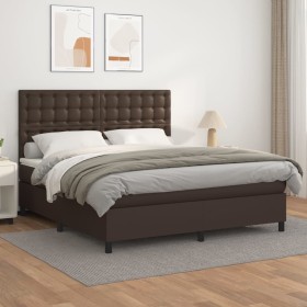 Cama box spring con colchón cuero sintético marrón 160x200 cm