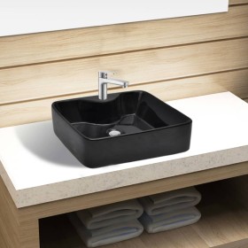 Lavabo de cerámica cuadrado con orificio de grifo/desagüe negro