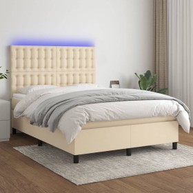 Cama box spring colchón y luces LED tela crema 140x200 cm