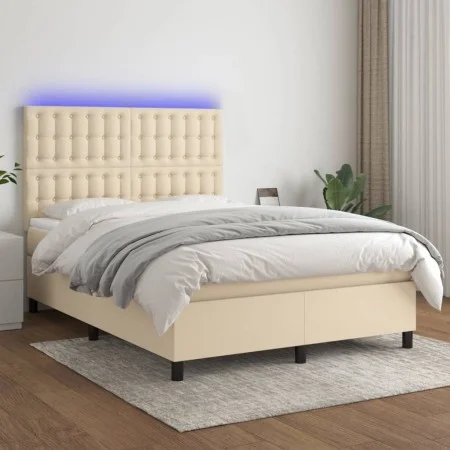 Box spring bed mattress and LED lights cream fabric 140x200 cm by , Beds and slatted bases - Ref: Foro24-3135202, Price: 502,...