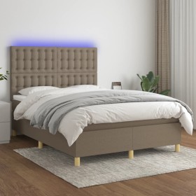 Cama box spring colchón y luces LED tela gris taupe 140x190 cm