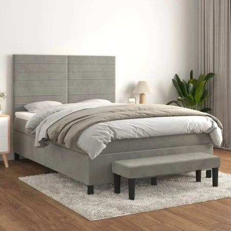 Box spring bed with light gray velvet mattress 140x190 cm by , Beds and slatted bases - Ref: Foro24-3137899, Price: 556,38 €,...