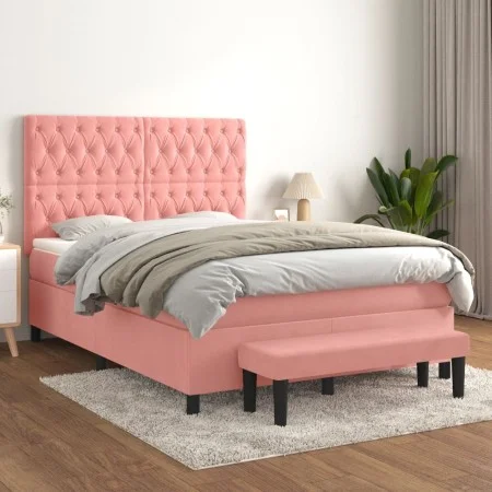 Box spring bed with pink velvet mattress 140x190 cm by , Beds and slatted bases - Ref: Foro24-3138024, Price: 582,87 €, Disco...