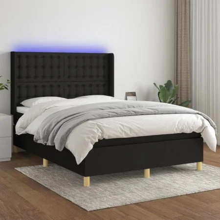 Box spring bed mattress and LED lights black fabric 140x200 cm by , Beds and slatted bases - Ref: Foro24-3139199, Price: 522,...